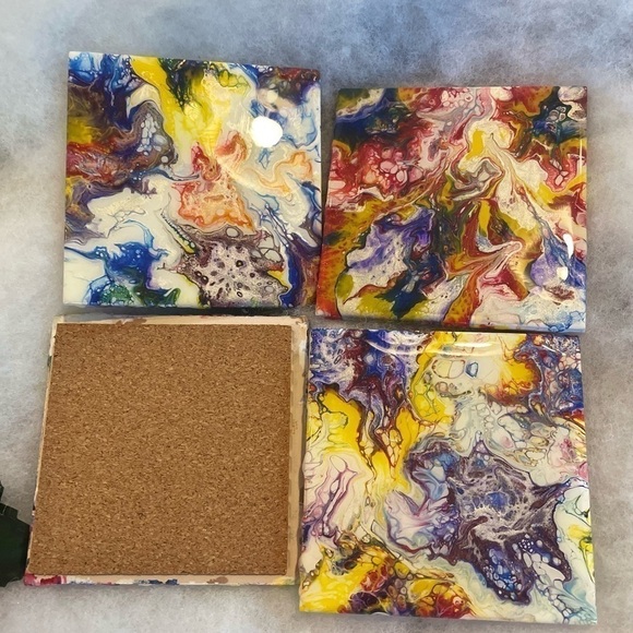 Set of 4 hand painted coasters. Sealed w/resin cork backing acrylic paint - Picture 2 of 6